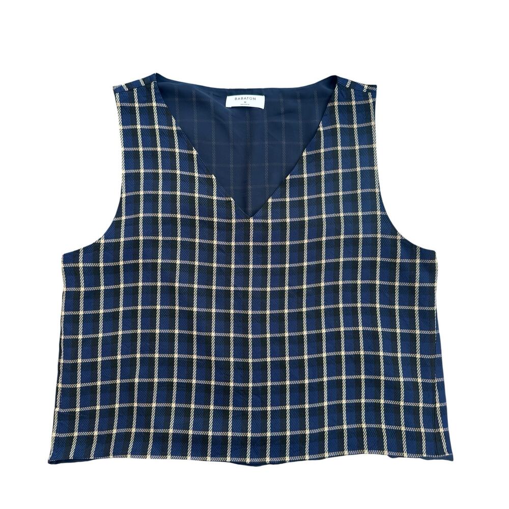 Babaton Aritzia Sleeveless Plaid Blouse Medium Navy Windowpane V-Neck Career Top